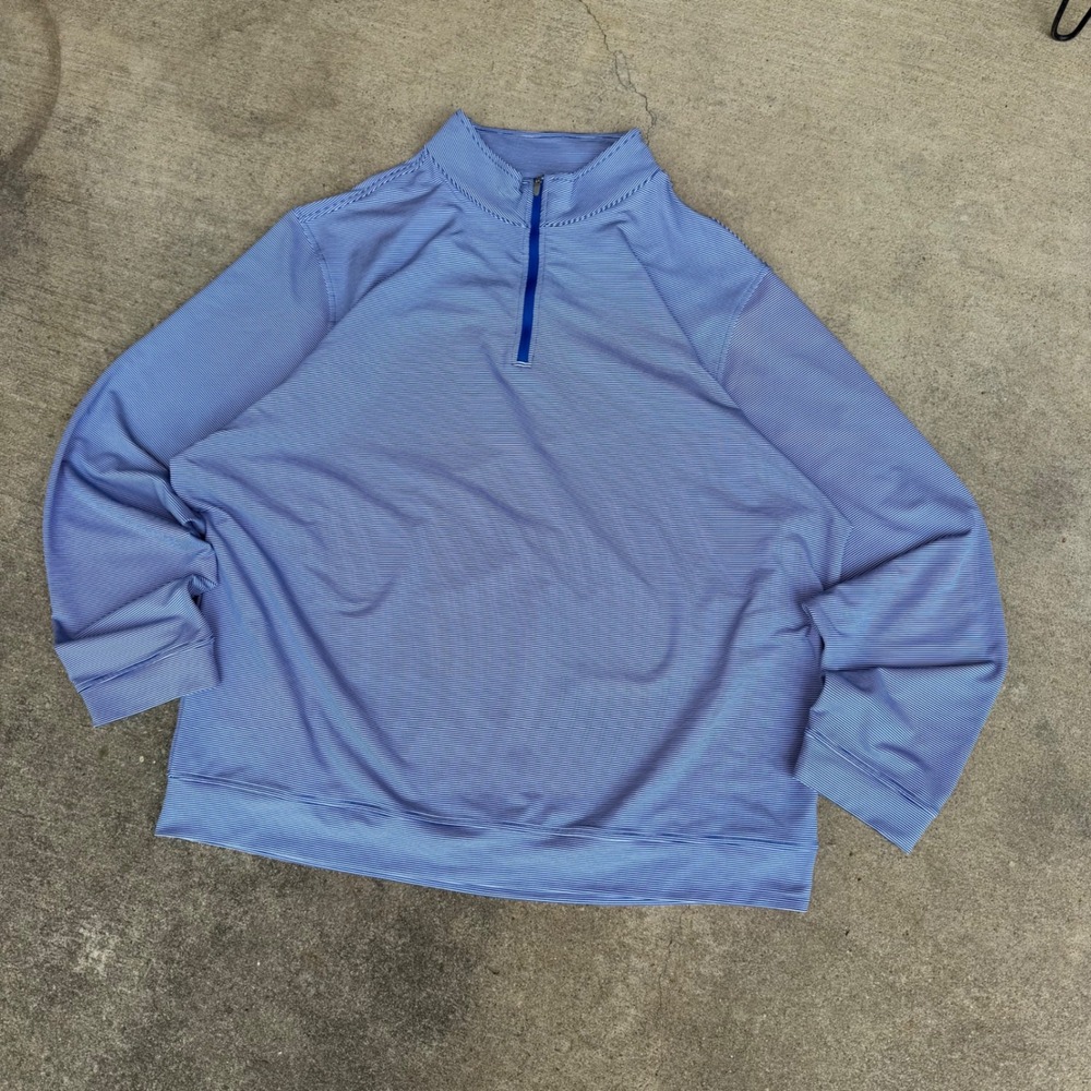 Magaschoni Mens XXL Blue White Striped Quarter Zip Pullover Mock Neck Sweater